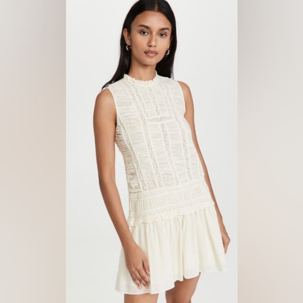 Rebecca Taylor Ruched Lace Inset Cotton Dress in New Ivory